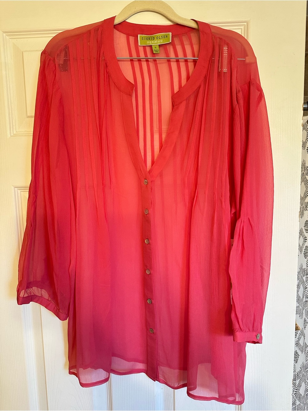 Sigrid Olsen Pink Silk Pleated Sheer Button Front Blouse XL Ethereal Old Money